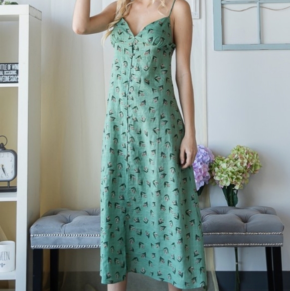 Green Drawstring Tie Open-Back Button Down Midi Dr - Picture 2 of 15